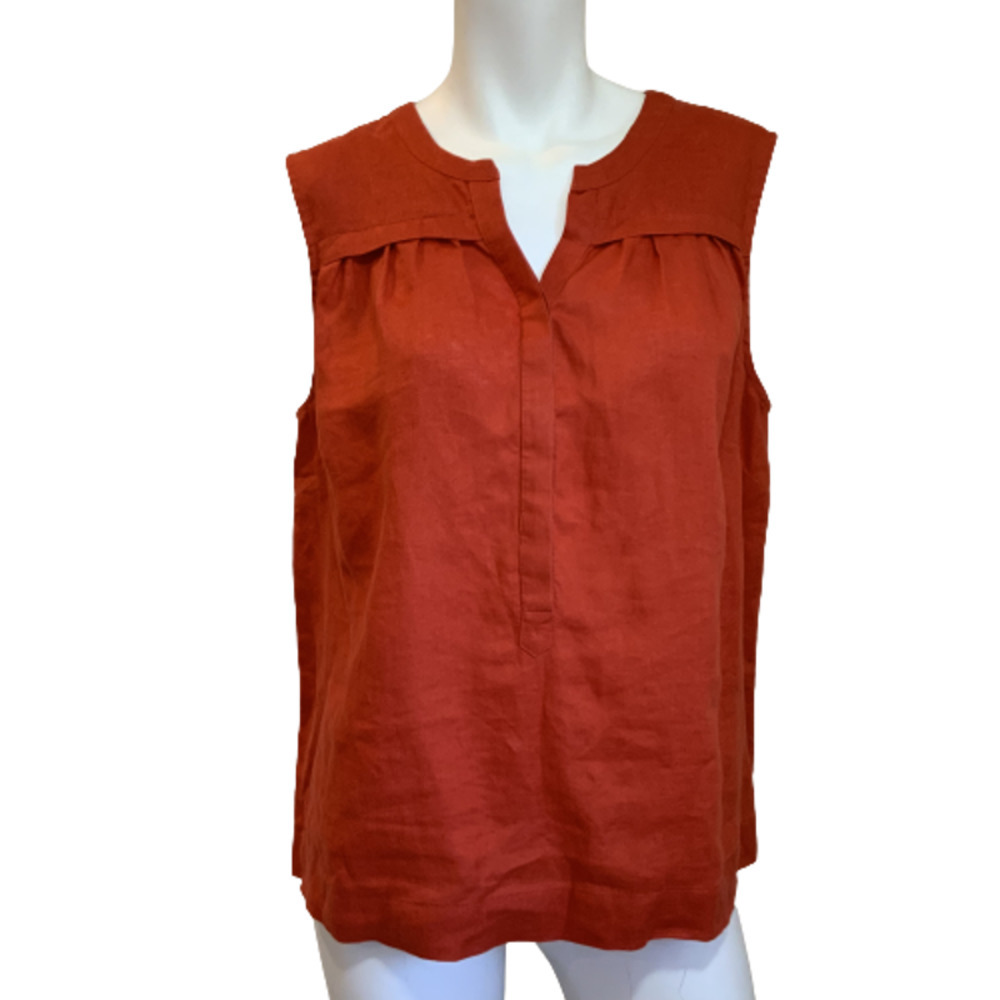 John Lewis Pure Linen Blouse V-neck Orange Red Sleeveless Popover  14